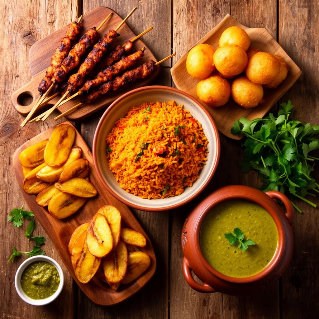 Vibrant African food spread with jollof rice, suya, and plantains